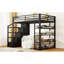 Grand lit mezzanine en métal avec tablettes de rangement, armoires et garde-robe