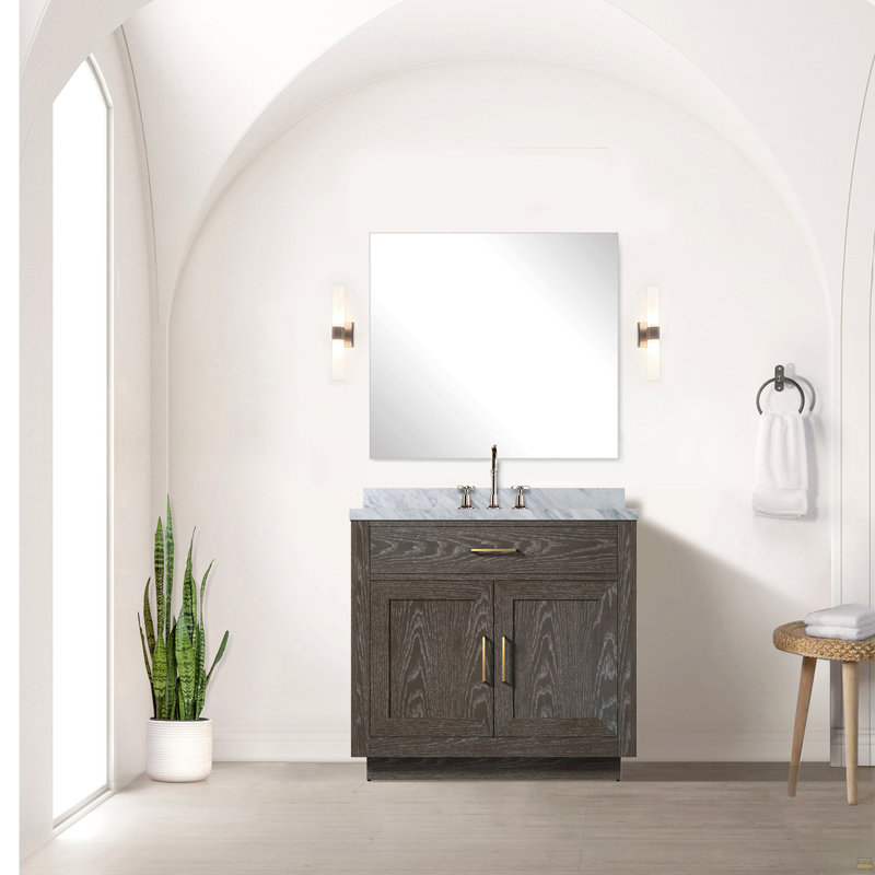 Meuble-lavabo simple en chêne brun l 36 po x P 22 po avec plateau en marbre de Carrare, Brown