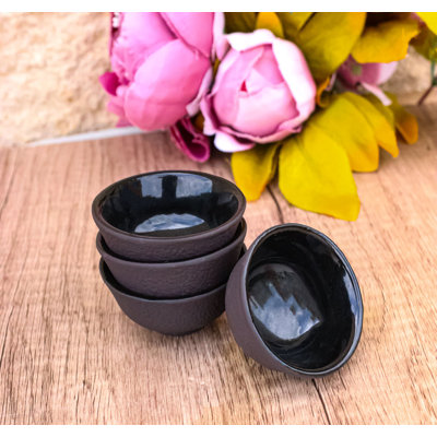 Navy Blue Textured Japanese Tetsubin Style Cast Iron Mini Tea Cups Set of 4