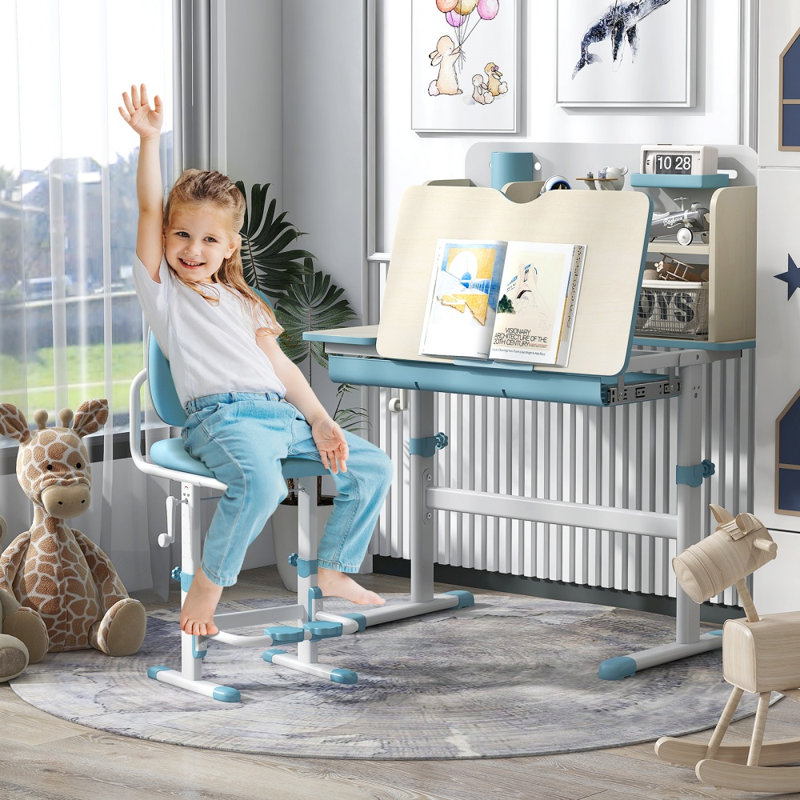 Bureau d'étude à hauteur réglable pour enfants avec bureau inclinable pour enfants de 3 à 12 ans, Bleu