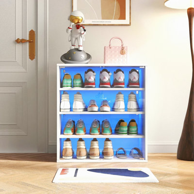 Boîte à chaussures avec lumière à DEL RVB, boîte de rangement de chaussures empilable en bois avec porte en verre, boîte de rangement pour chaussures pour chaussures de sport (4 étages-1)