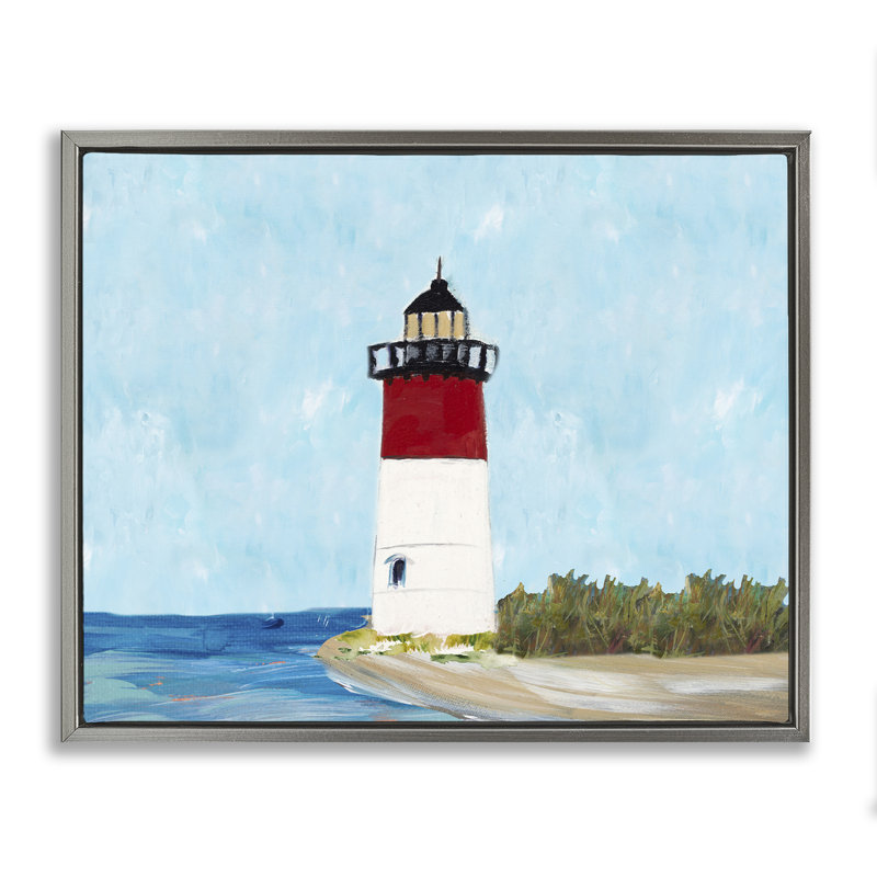 Art mural sur toile encadrée "Phare côtier sur bleu" par Julie Derice, Cadre flottant gris lustré, H 25 po x l 31 po