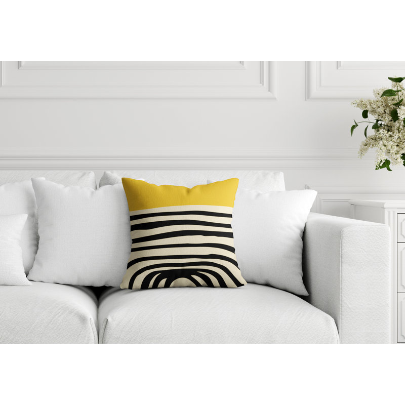 Coussin décoratif intérieur / extérieur en polyester filé Izzy, 17 po x 17 po, Jaune / blanc cassé / noir