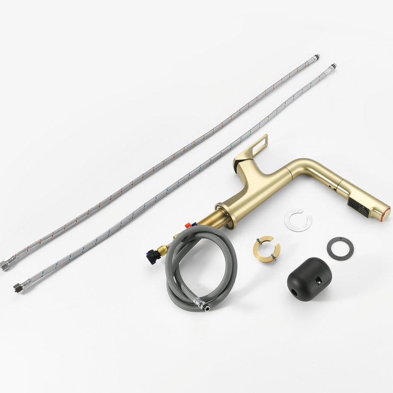 Monotrou, robinet à fixation sur le comptoir, finition or brossé, tuyau rétractable, rinçage à une touche, double jet en céramique testée à 500 000 cycles, dispositif de réduction des éclaboussures
