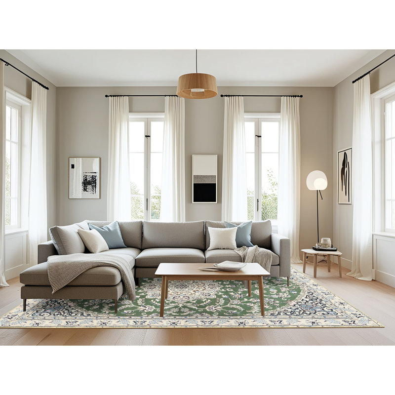 Tapis traditionnel vert / gris Jupiter, Rectangle 8 pi x 10 pi