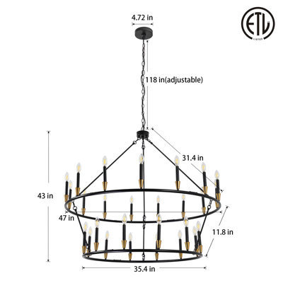 47 Inch Black Wagon Wheel Chandelier 2 Tier 27-lights Farmhouse Chandelier Large Chandeliers For High Ceilings