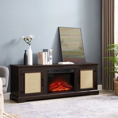 Armoire à portes en rotin avec tablette réglable en bois, console en rotin de style campagne pour téléviseur de 70 po ou moins, meuble télé avec foyer encastré de 23 po, l 65 po x P 15,55 po x H 23,86 po