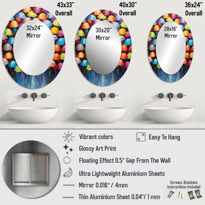 Ciel plein de parapluies colorés - grand miroir mural ovale sur métal, H 43 po x l 33 po