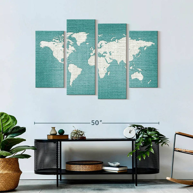 " Mint Linen World Map " by Globetrotter Studio 4 - Pieces, 52" H x 32" W x 1.25" D