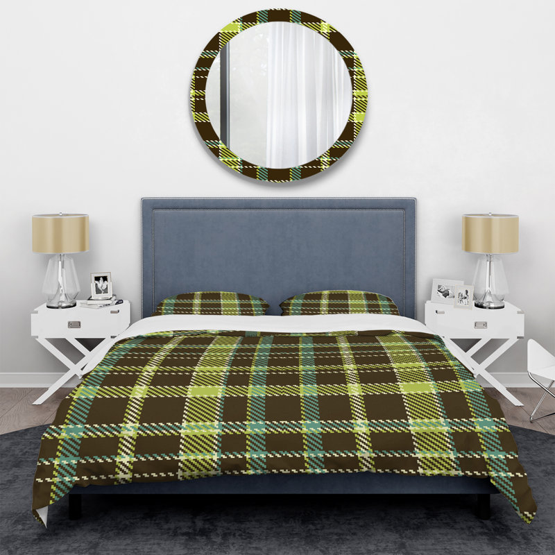 Tartan à carreaux brun et vert - Ensemble de housse de couette abstrait - Microfibre de polyester