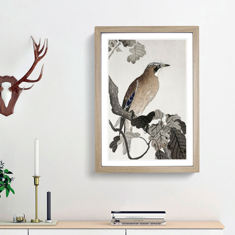 Jay on a Tree Branch by Ohara Koson - Picture Frame Art Print, Oak Framed, 48cm H x 36cm W x 2cm D