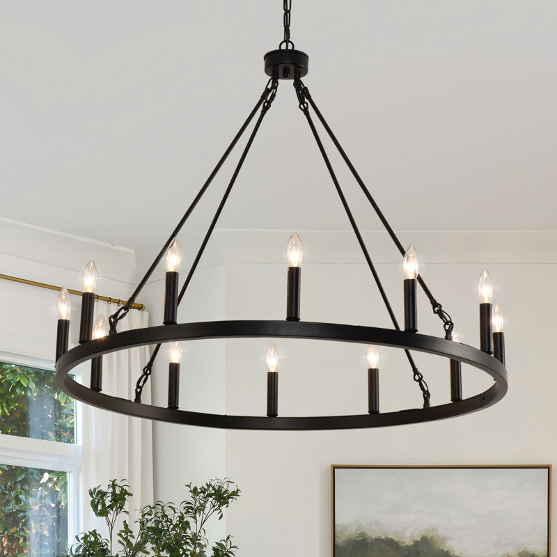 38-inch Black Wagon Wheel Chandelier, 12-light Farmhouse Industrial Fixture For Indoor & Outdoor, 29.5" H x 38" W x 38" D