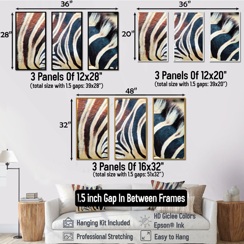 Détail de lignes de zèbre noir et blanc I - ensemble d'art mural encadré sur toile à motifs de 3, H 28 po x l 36 po x P 1 po