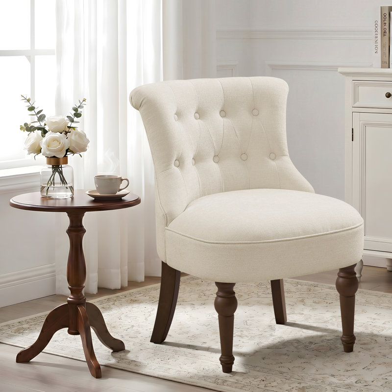 Chenille Upholstered Button Tufted Wingback Side Chair, Beige