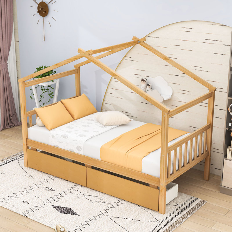 Lit simple en bois avec deux tiroirs de rangement Autym, Naturel
