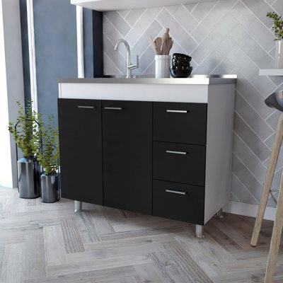 Base Cabinet , Three Drawers, Double Door, Four Legs -White / Black
