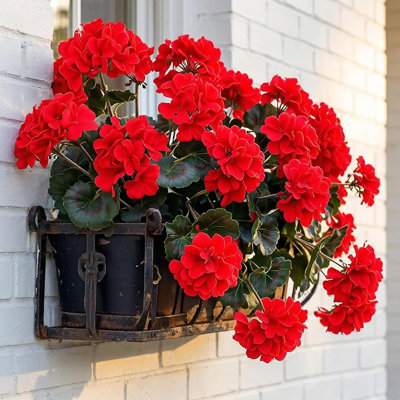 Ensemble de 4 buissons de géranium UV rouge de luxe 18 po - 5 têtes de fleurs - Buisson artificiel d'extérieur réaliste