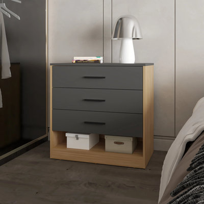 Commode à 3 tiroirs et tablette ouverte en chêne naturel et gris mat