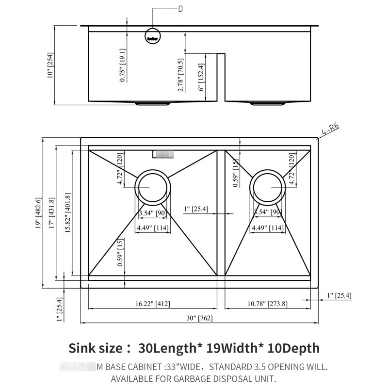 30"X19" Double Bowl 60/40  Undermount Kitchen Sink 16 Gauge T304 Stainless Steel With Two 10" Deep Basin, Flat Apron Front Design, X - Shaped Water Guide, R10 Rounded Corner, Coating, 3Mm Rubber Pad,