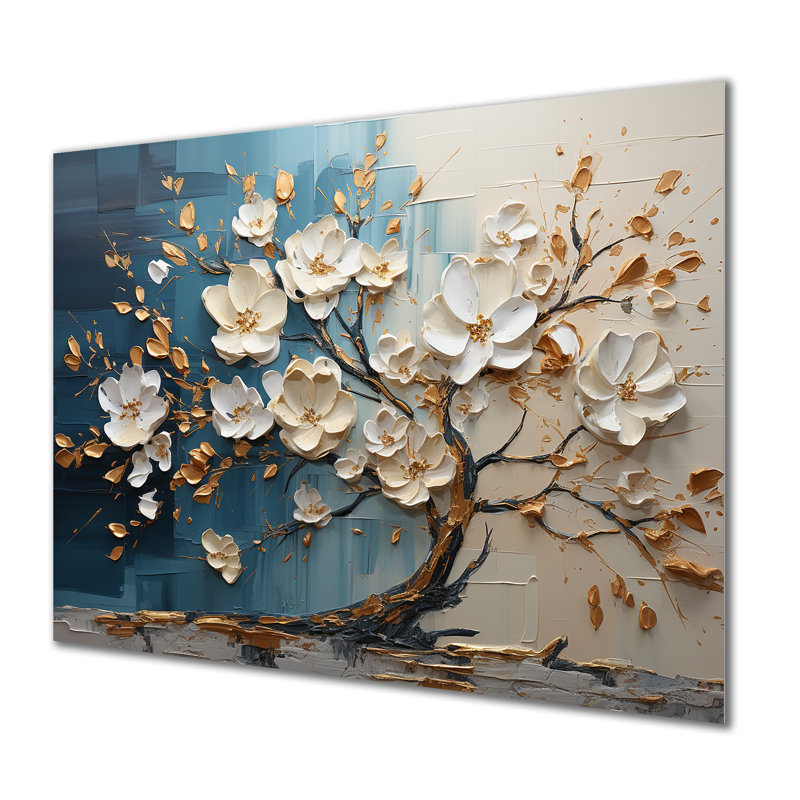 Orchidée bleue et blanche Golden Of Branches III - arbre, art mural en métal, H 30 po x l 40 po x P 1,5 po