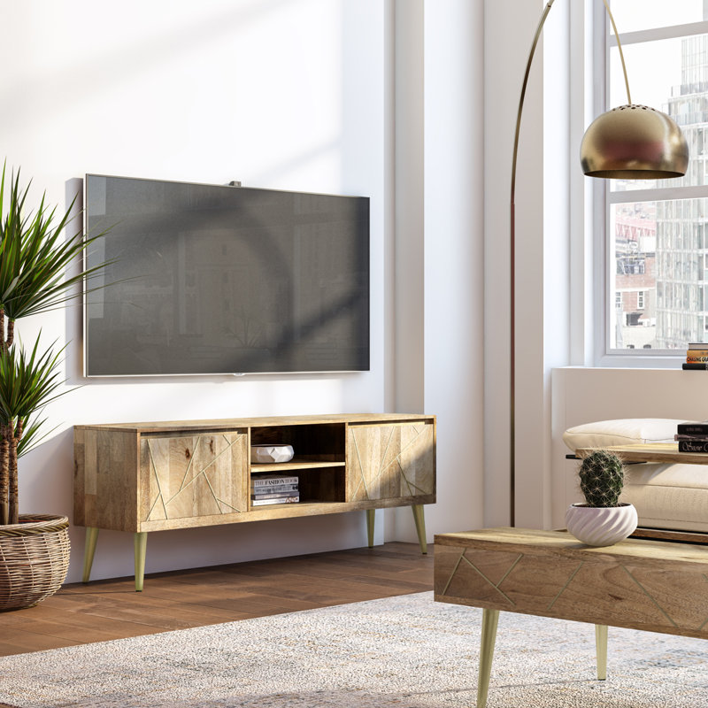 Meuble télé contemporain en bois de manguier massif de 60 po de largeur avec incrustation de laiton géométrique Jager