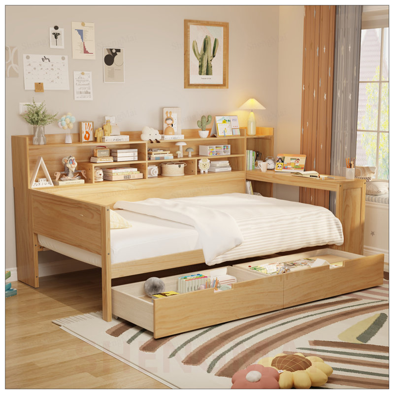 Lit de jour simple en bois avec tablettes de rangement, lit multifonctionnel avec 2 tiroirs et bureau d'étude, Twin, Natural