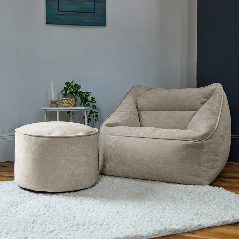 Natalia Armchair Bean Bag and Round Footstool, Beige, Chenille