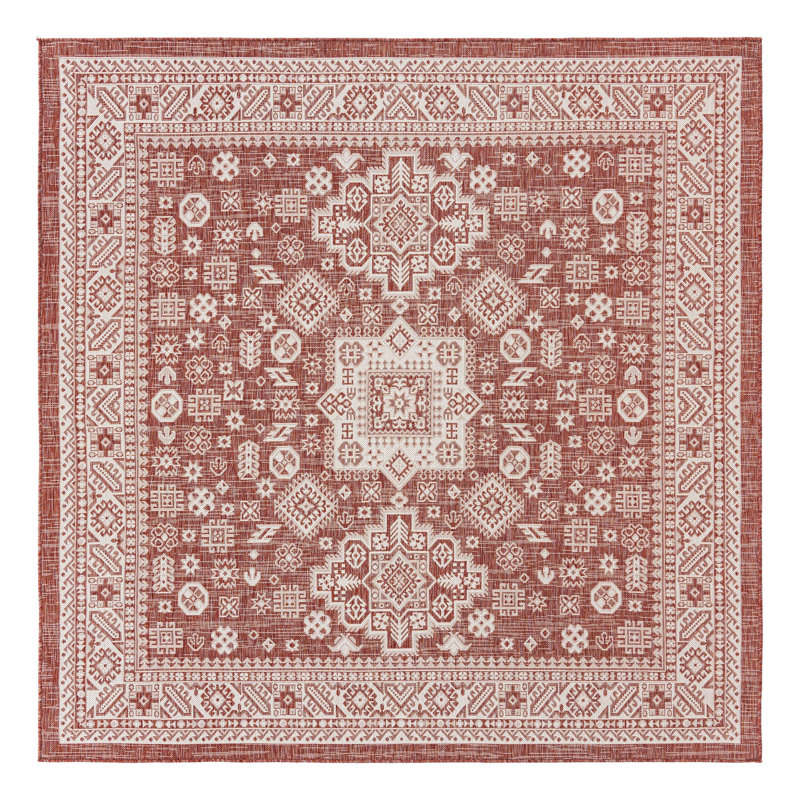 Tapis intérieur / extérieur rouge rouille en polypropylène tissé à la machine Archange, Carré 7 pi 10 po