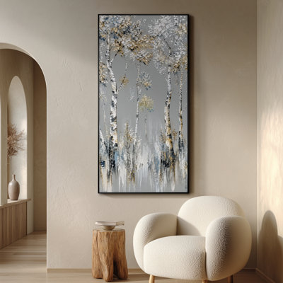 Très grande reproduction d'art sur toile - Paysage de forêt de bouleaux moderne avec des détails de feuille d'or et une atmosphère brumeuse pour le salon ou la chambre à coucher - «Assemblage requis du cadre (cadre non fini)»
