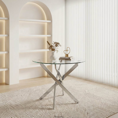Table de salle à manger ronde en verre 35,5 pouces avec pieds argentés pour la cuisine et la salle à manger
