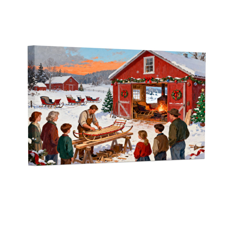 Scène de Noël d'hiver avec grange rouge et traîneaux, ensemble de 3 impressions sur toile, H 12 po x l 18 po