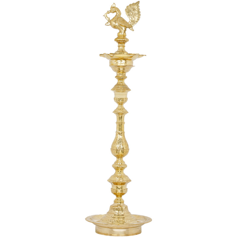 48" Large Carved Brass Peacock Annam Lamp - Handmade Traditional South Indian Temple Oil Lamp for Grand Entrance Lobby Spiritual Decor