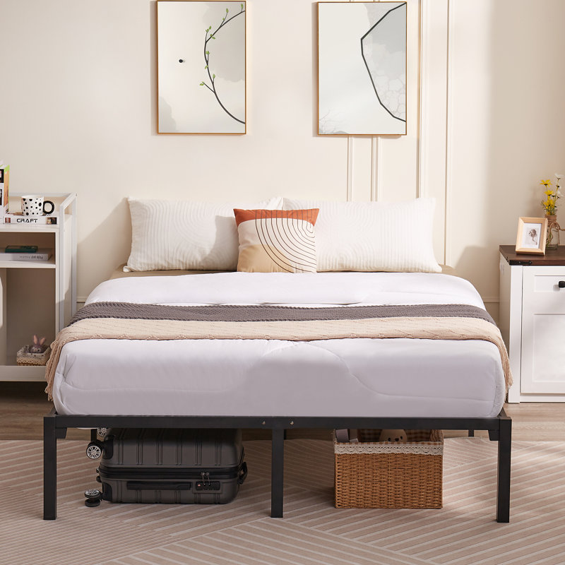14" No-Screw Metal Queen Size Bed Frame Quick Snap Assembly Platform Underbed Storage No Box Spring Needed, Queen