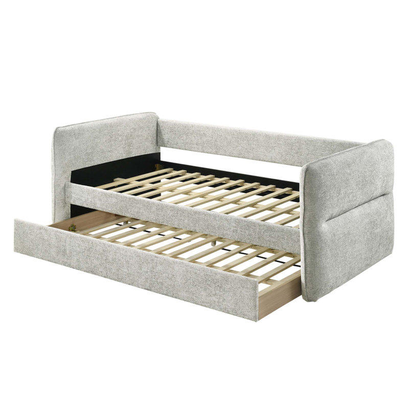 Modern Daybed with Pull-Out Trundle, Button Tufting, and Nailhead Trim for Versatile Living and Guest Accommodation.