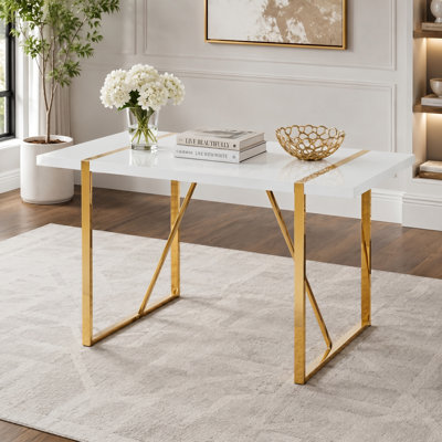 Table de salle à manger rectangulaire Modern Glam ultrabrillante avec pieds géométriques en métal