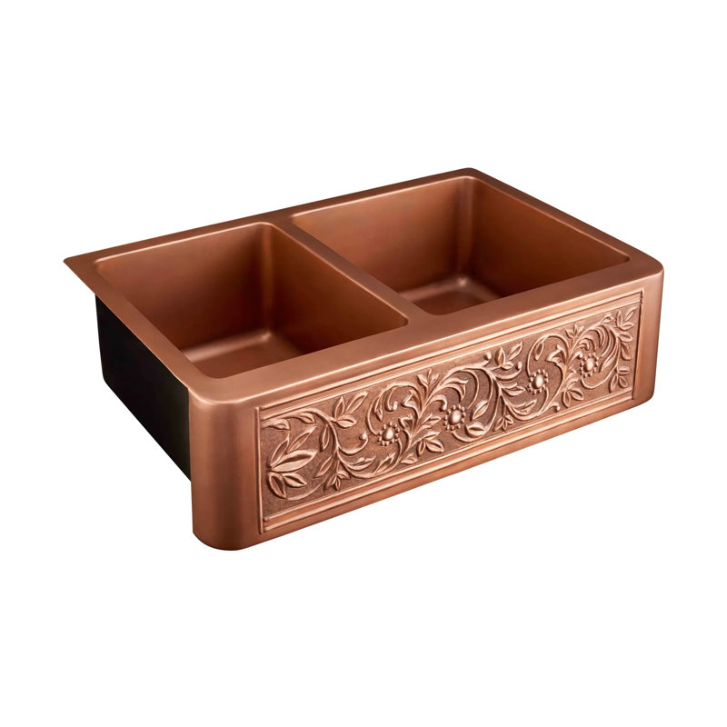 33" Vine Design 60/40 Offset Double-Bowl Copper Farmhouse Sink