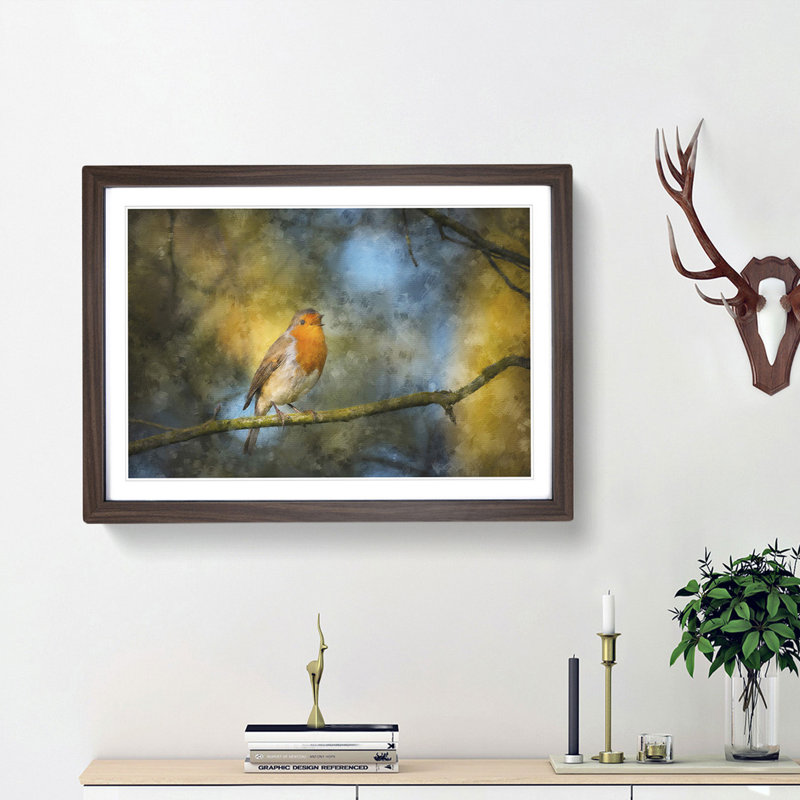 Robin Bird in a Tree - Picture Frame Painting Print on MDF, 62cm H x 87cm W x 2cm D, Walnut Framed