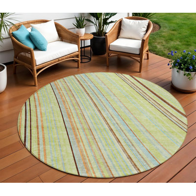 Tapis intérieur lavable rayé rond 8 pi brun et bleu ciel