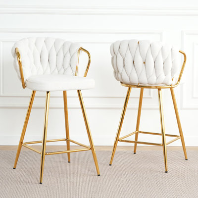 Tabouret haut de conception moderne avec pieds plaqués or, revêtement en lin blanc, ergonomique et durable pour la cuisine et la salle à manger