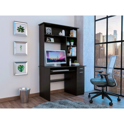 Bureau bahut Compu 180, tablettes multiples, plateau à clavier rétractable, panneau de porte pour unité centrale, tiroir