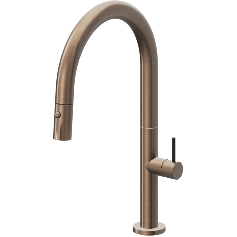 Pull-Down Kitchen Faucet With Button Sprayer - Low Arc Spout, Satin Bronze, Black Short Stick