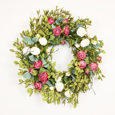24" Artificial Farmhouse Twig Spring Summer Blossom Cluster Greenery Eucalyptus Berry Rose Floral Wreath For Front Door