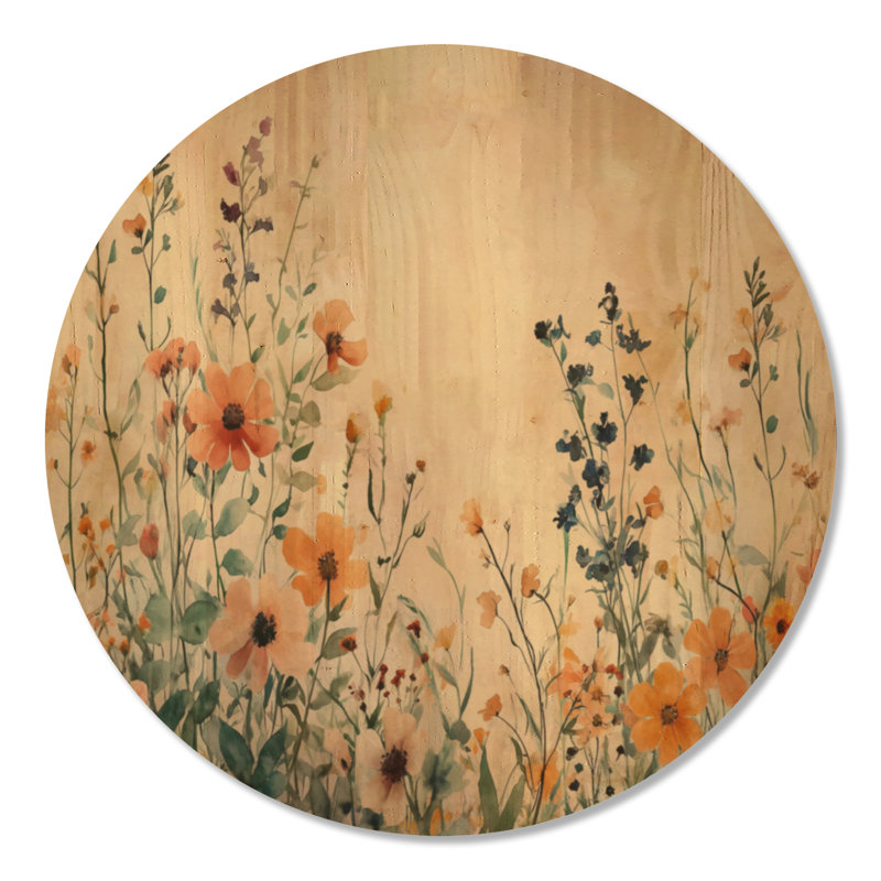 Brise des prairies fleuries - Tableau rond en bois à motif floral, Rond 23 po, Rond