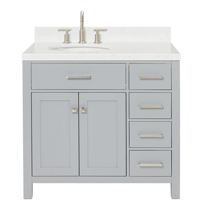 5_ARIEL Bristol 36 Single Sink Bathroom Vanity with Carrara White Quartz, 36", Gray, Oval