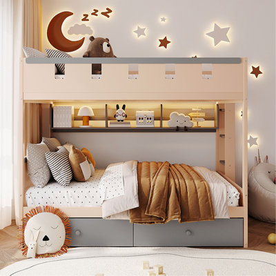 Full Size Castle Style Bunk Bed With 2 Drawers,Shelf,And Led,Gray+Antique Pink