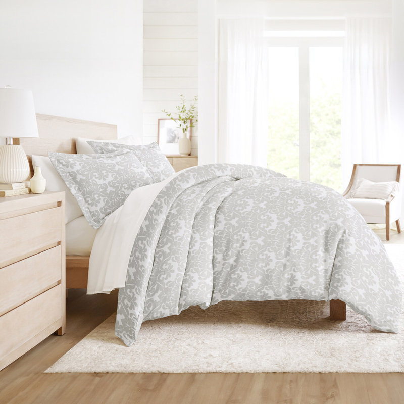 Duvet Cover Set Patterned Microfiber Ultra Soft Bedding in Soft Damask, Queen Duvet Cover + 2 Standard Shams