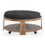 Repose-pieds capitonné de style transitionnel à assise profonde en lin avec tablette ouverte ton naturel / gris foncé | Structure en bois | Noyer brun