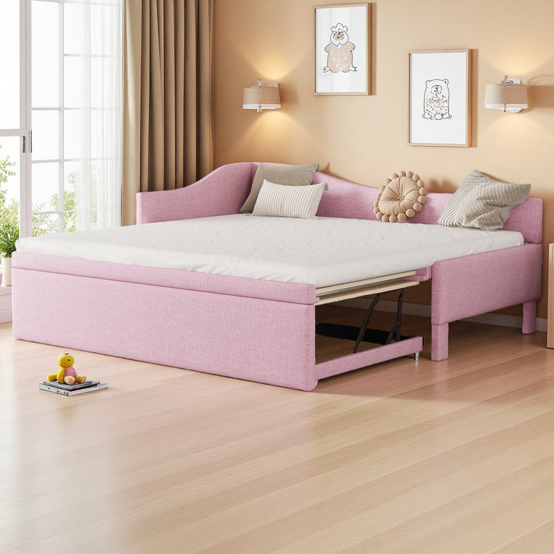 Twin Size Upholstered L-Shaped Upholstered Daybed With Pop Up Trundle, Pink
