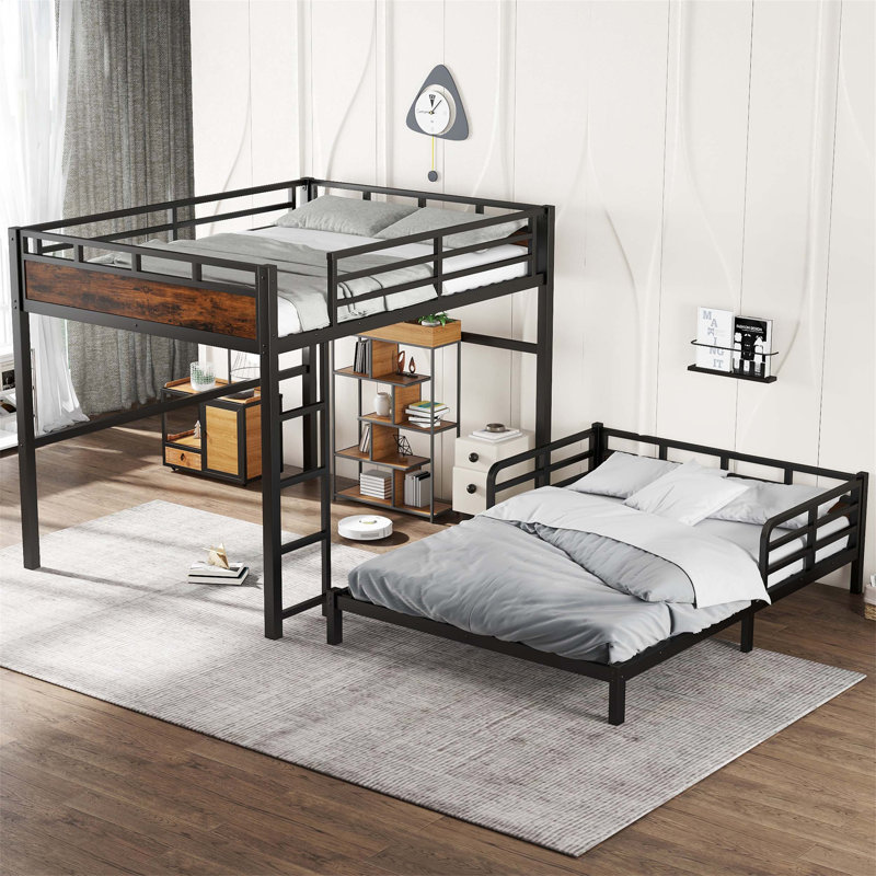 Queen Over Queen Metal Bunk Bed With Raised Security Fence, Vintage Wood-Colored Finish, And Separable Design For Flexibility