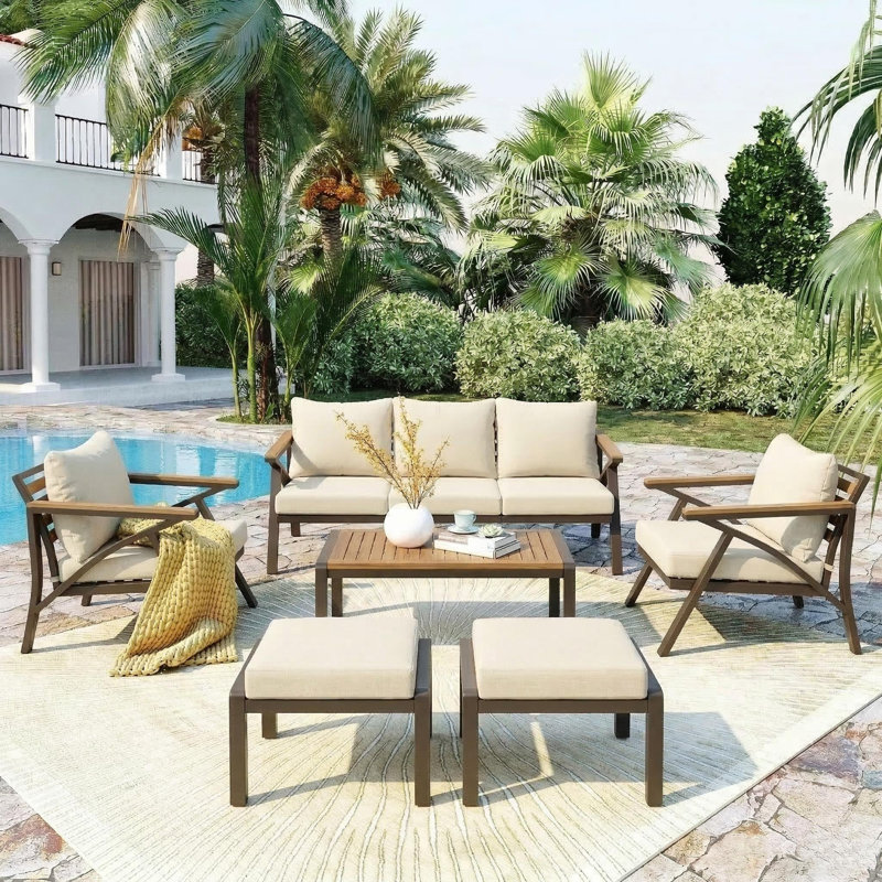 Ensemble de meubles de patio extérieur 6 pièces, ensemble de canapés en acier avec table basse, Beige